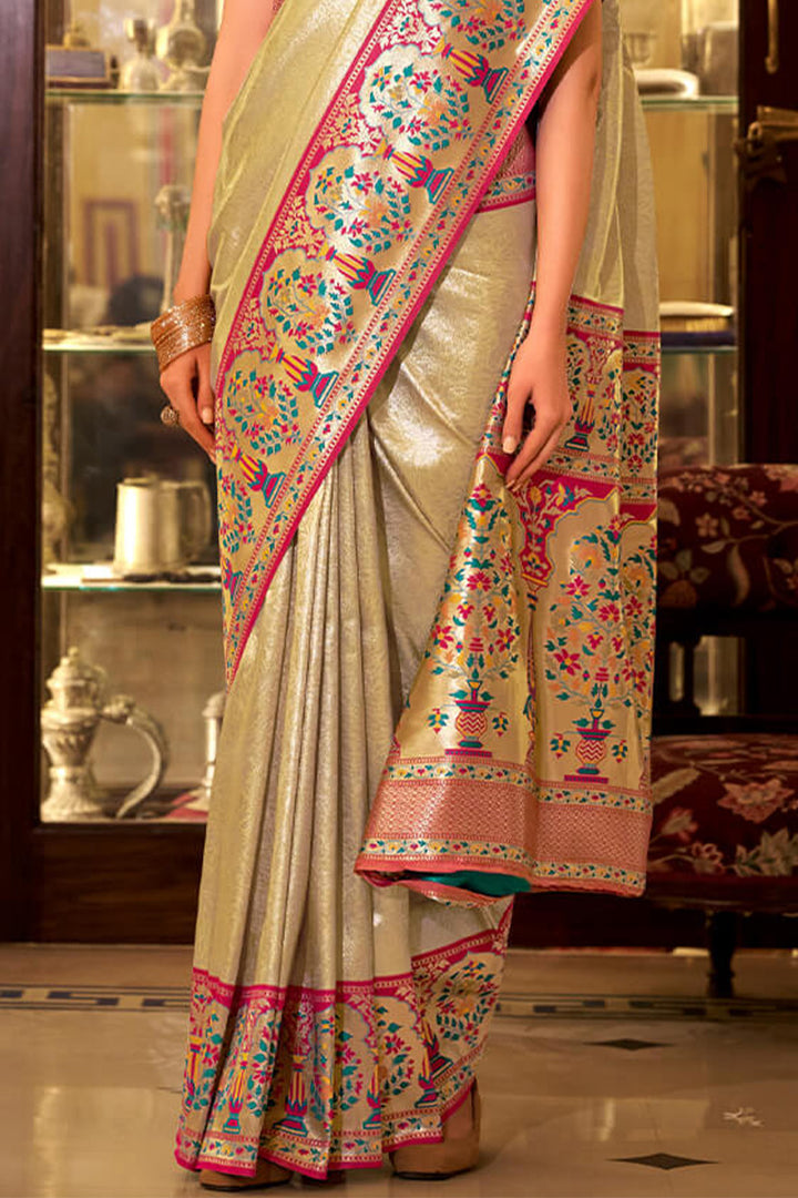 Fawn Beige Paithani Tissue Silk Saree