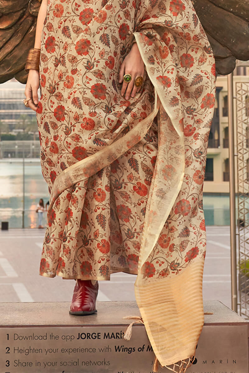 Fawn Beige Printed Tissue Silk Saree