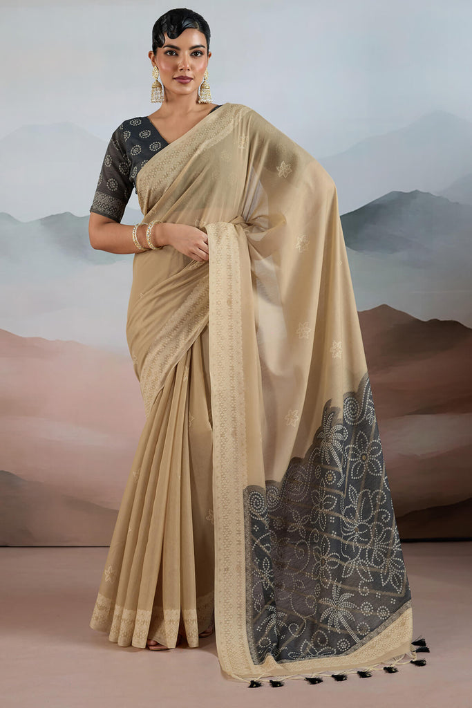 Fawn Beige Pure Cotton Viscose Silk Saree