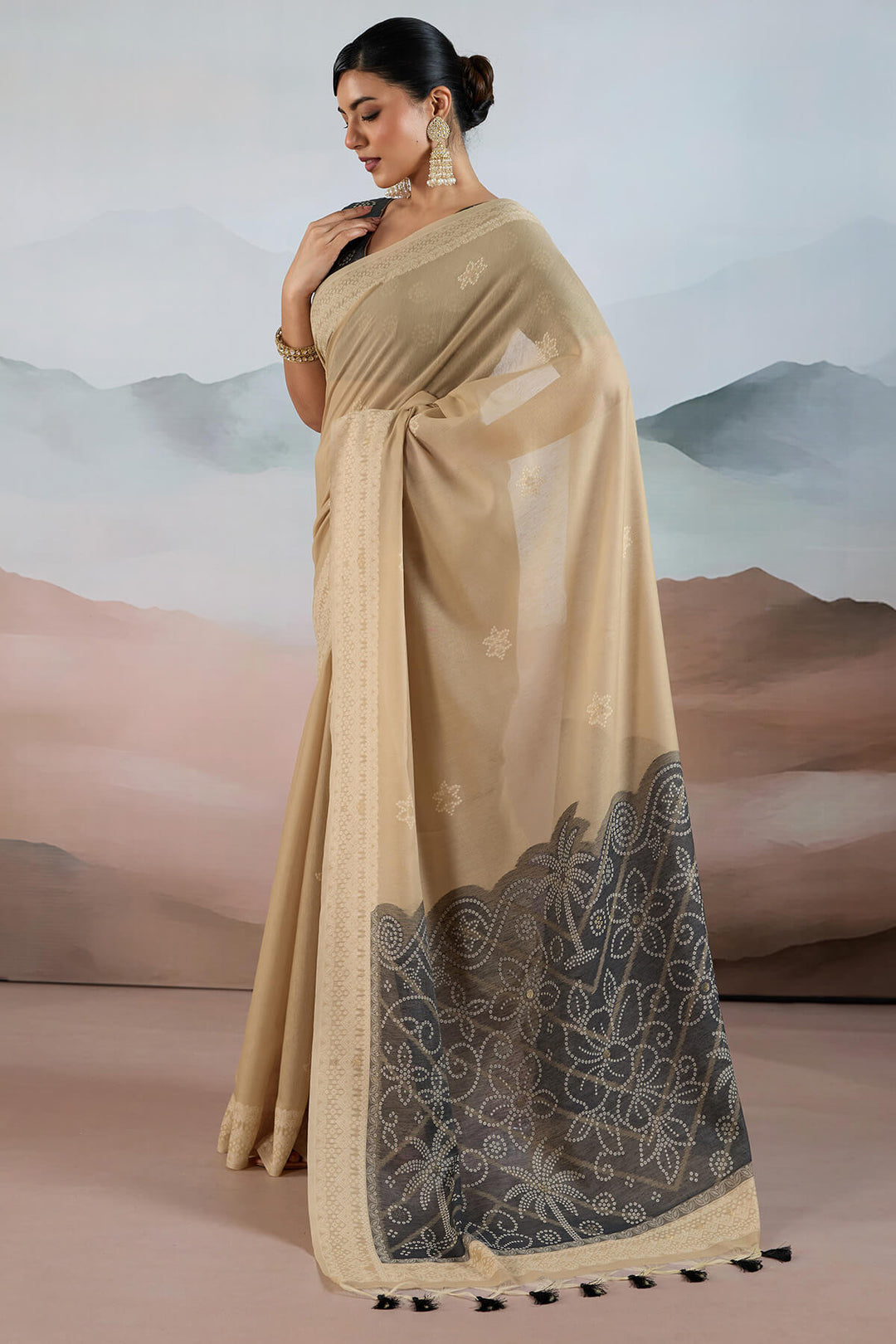 Fawn Beige Pure Cotton Viscose Silk Saree
