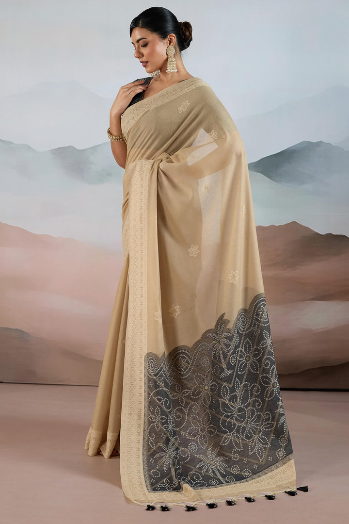 Fawn Beige Pure Cotton Viscose Silk Saree