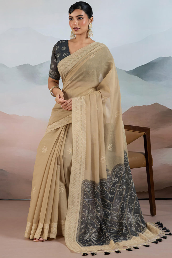 Fawn Beige Pure Cotton Viscose Silk Saree