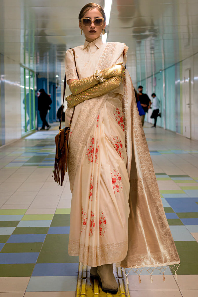 Fawn Beige Zari woven Banarasi Katan Silk Saree