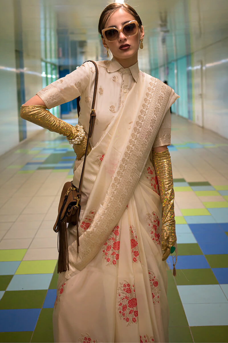 Fawn Beige Zari woven Banarasi Katan Silk Saree