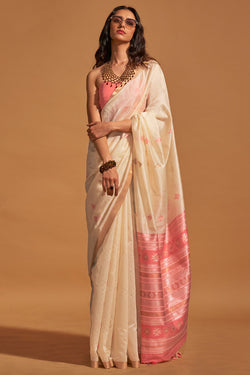 Fawn Beige Zari Woven Banarasi Silk Saree