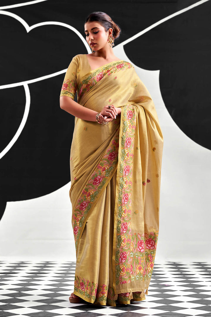 Fawn Beige Zari Woven Banarasi Tissue Silk Saree