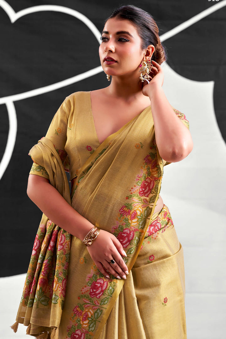 Fawn Beige Zari Woven Banarasi Tissue Silk Saree
