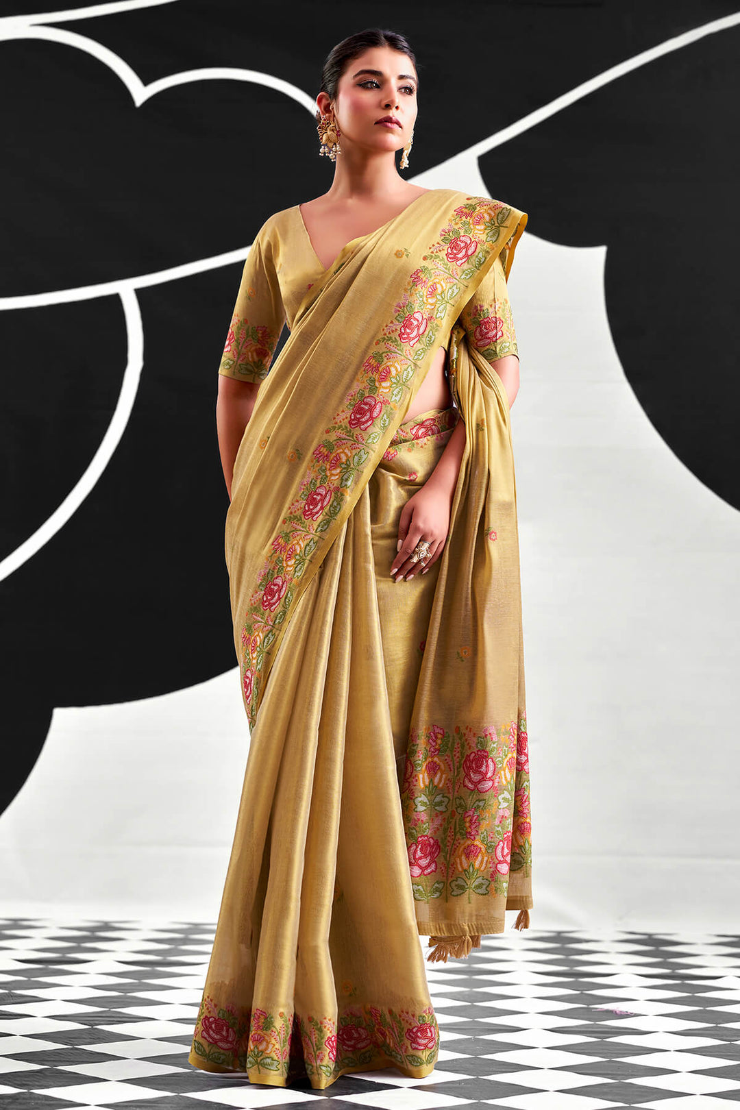 Fawn Beige Zari Woven Banarasi Tissue Silk Saree