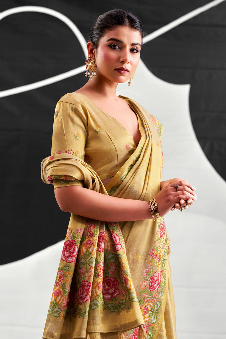 Fawn Beige Zari Woven Banarasi Tissue Silk Saree