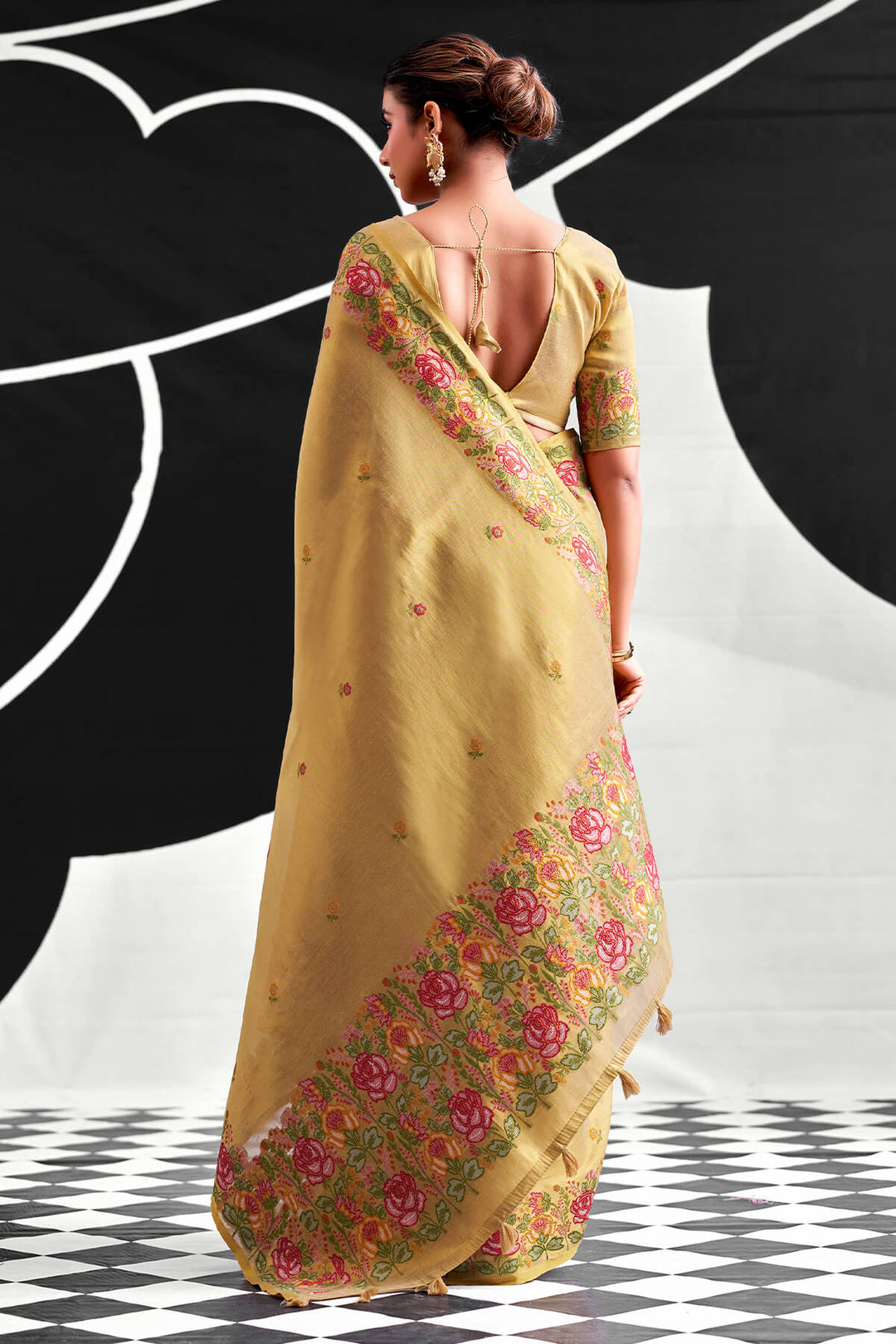 Fawn Beige Zari Woven Banarasi Tissue Silk Saree