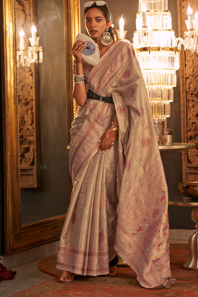 Fawn Beige Zari Woven Handloom Banarasi Silk Saree