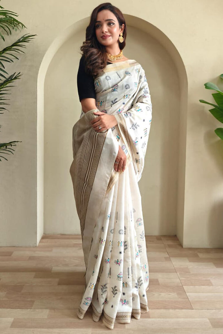 Feather Beige Worli Pattern Embroidery work Tussar Silk Saree