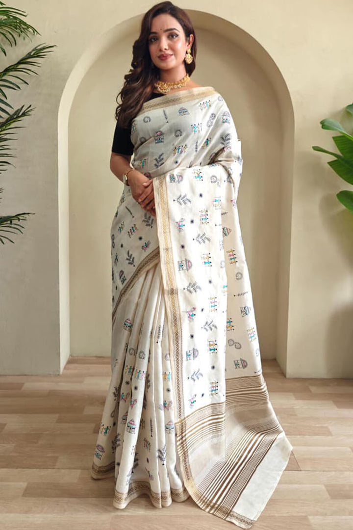 Feather Beige Worli Pattern Embroidery work Tussar Silk Saree