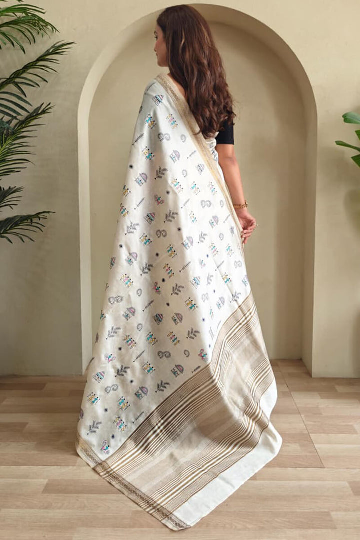 Feather Beige Worli Pattern Embroidery work Tussar Silk Saree