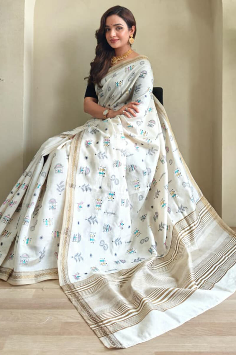 Feather Beige Worli Pattern Embroidery work Tussar Silk Saree