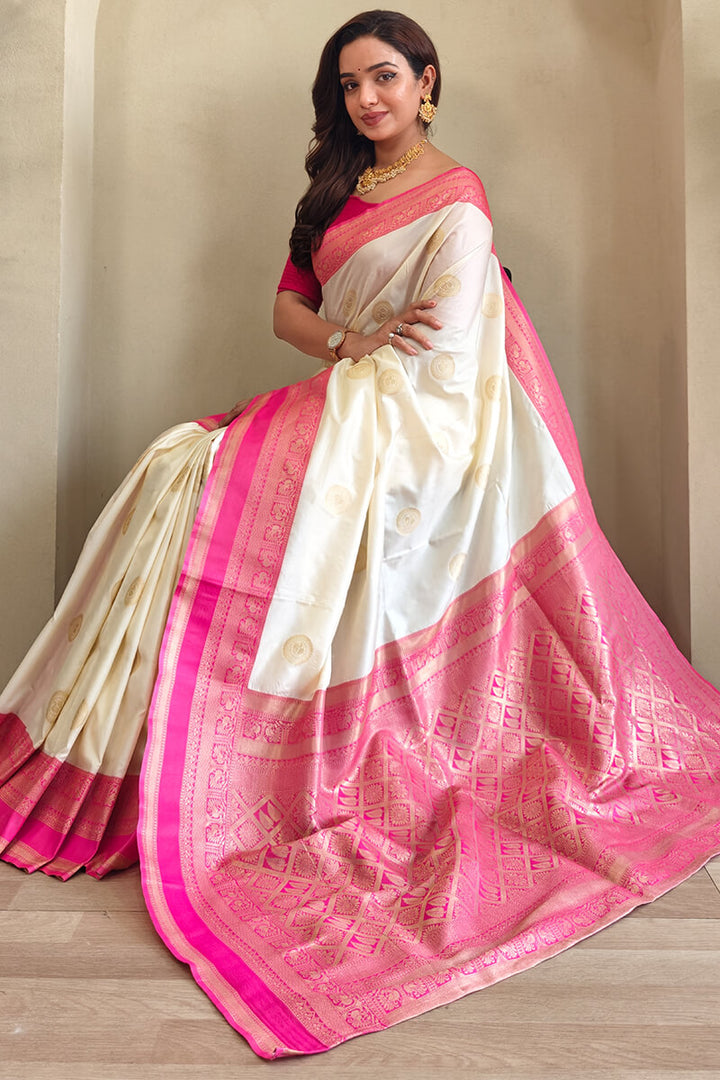 Feather Beige Zari Woven Soft Banarasi Silk Saree