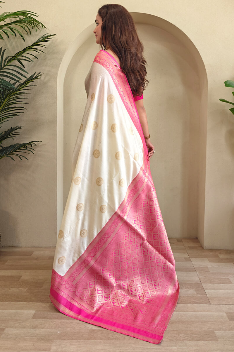 Feather Beige Zari Woven Soft Banarasi Silk Saree