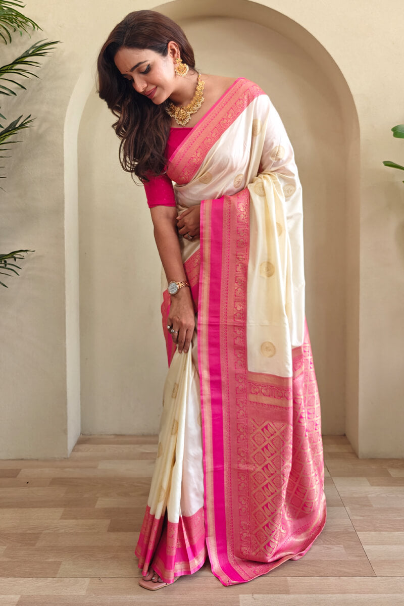 Feather Beige Zari Woven Soft Banarasi Silk Saree