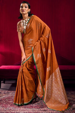 Fiery Orange Banarasi satin silk saree