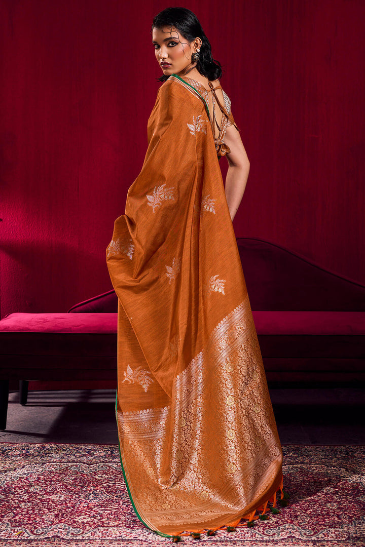 Fiery Orange Banarasi satin silk saree