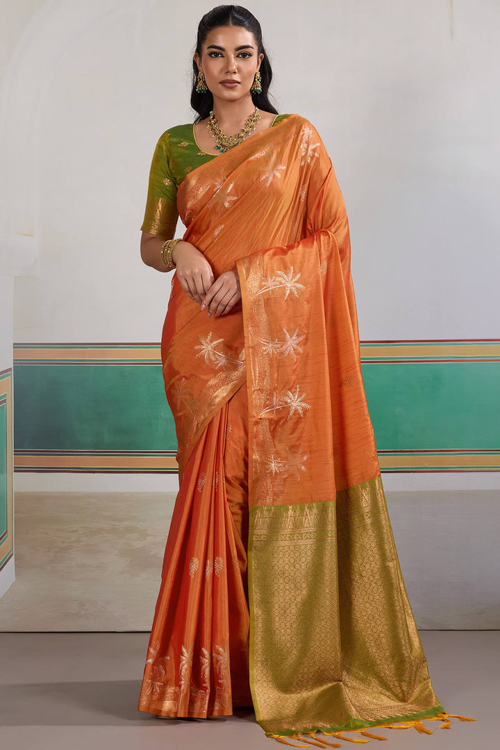 Fiery Orange Banarasi Tussar Silk Saree