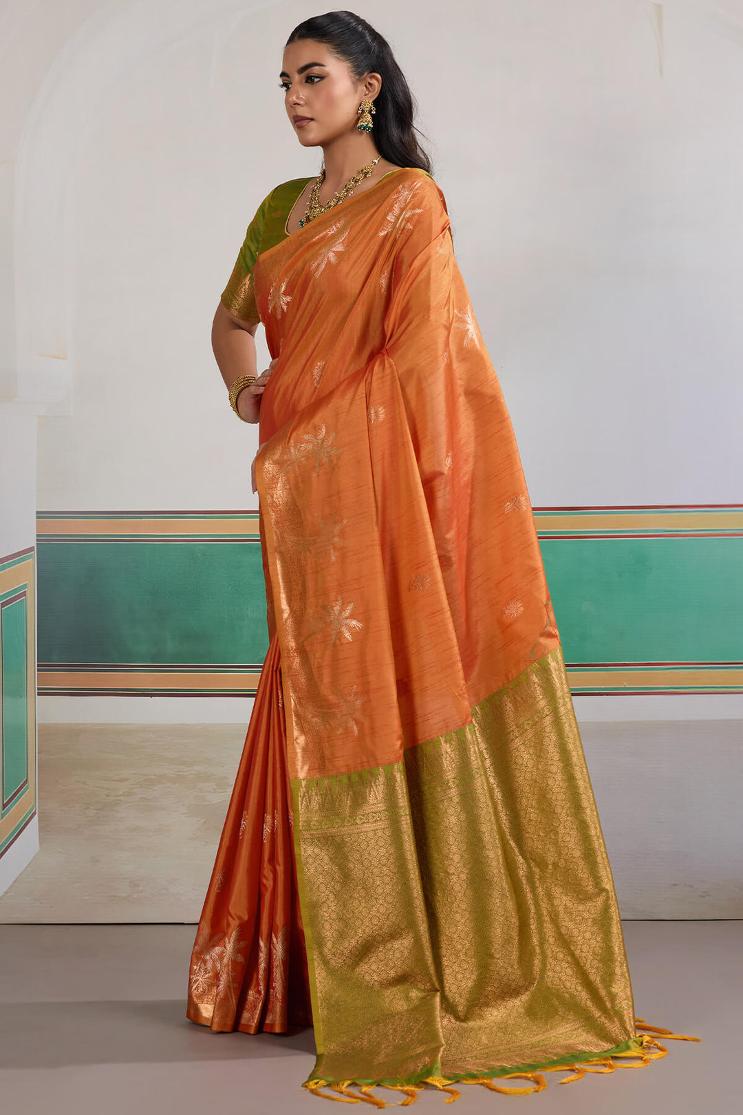 Fiery Orange Banarasi Tussar Silk Saree