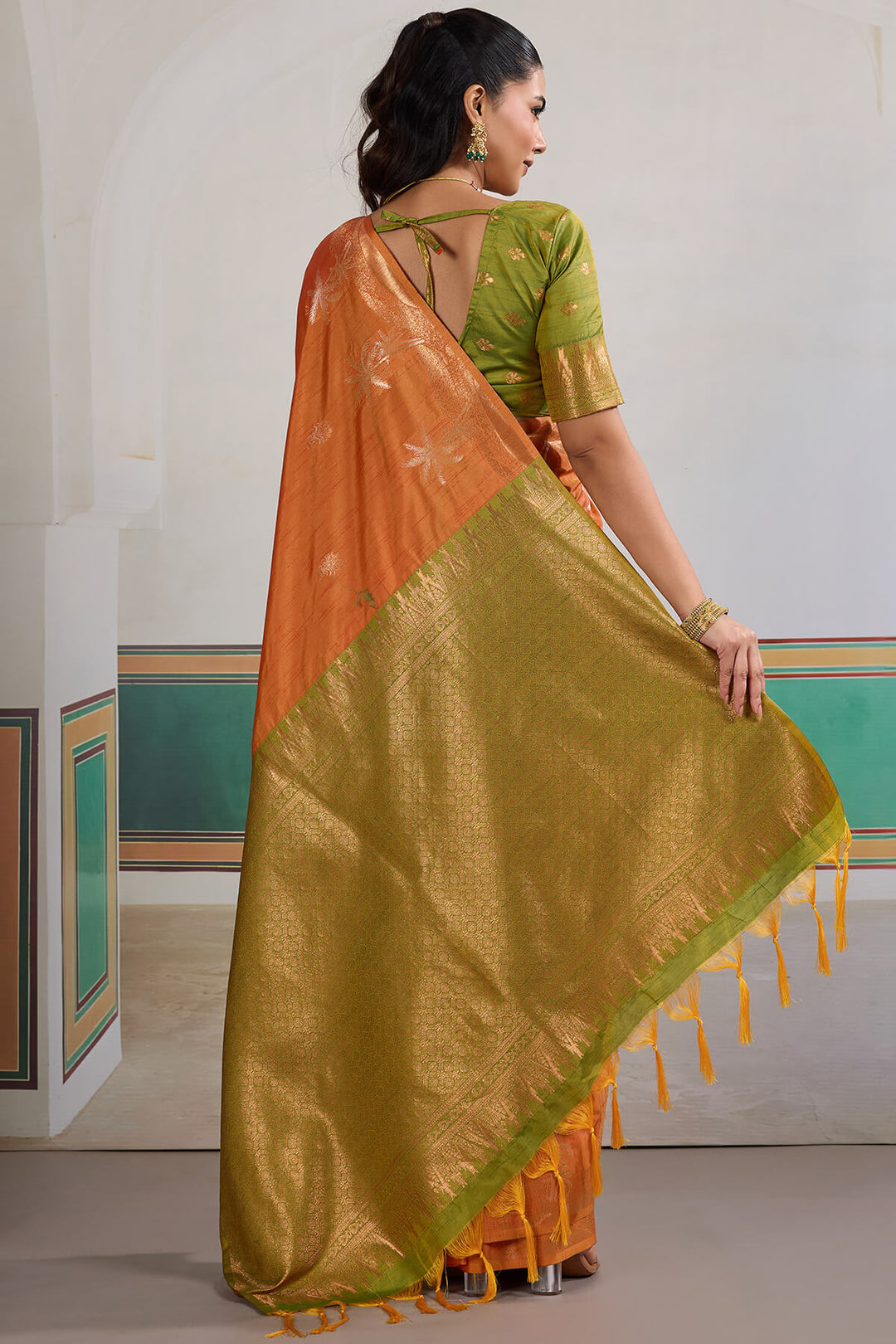 Fiery Orange Banarasi Tussar Silk Saree
