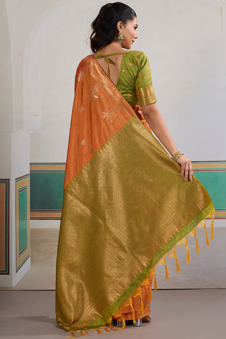 Fiery Orange Banarasi Tussar Silk Saree