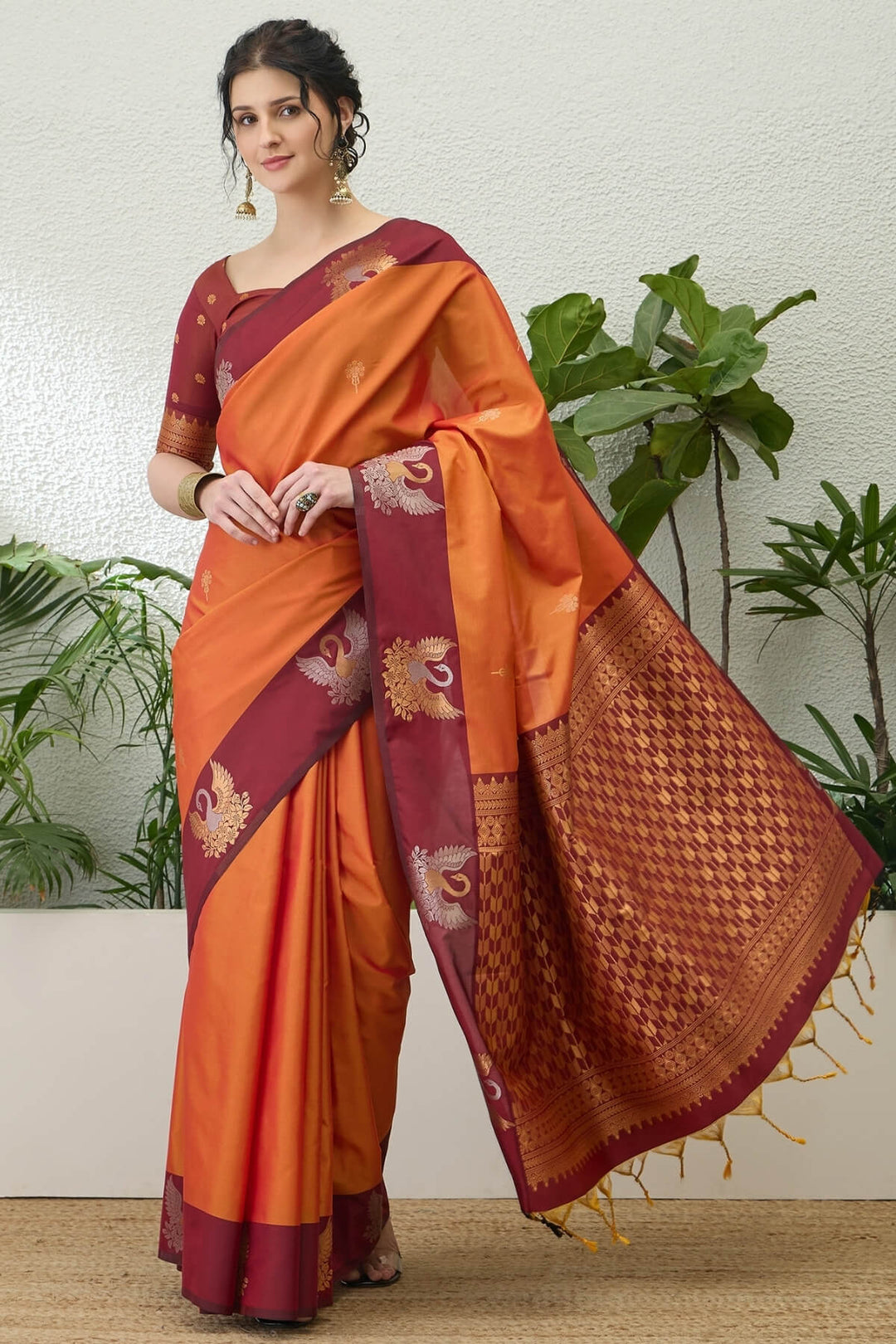 Fiery Orange Handloom Banarasi Silk Saree