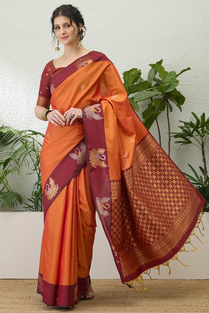 Fiery Orange Handloom Banarasi Silk Saree