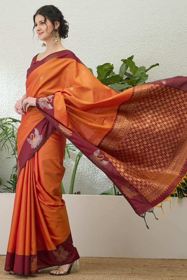 Fiery Orange Handloom Banarasi Silk Saree