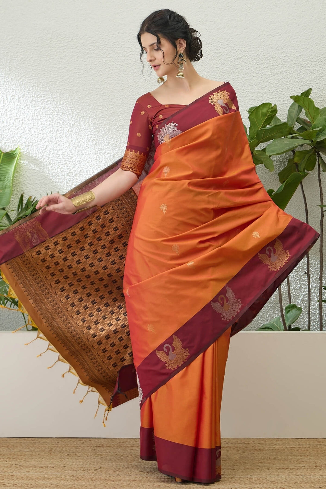 Fiery Orange Handloom Banarasi Silk Saree