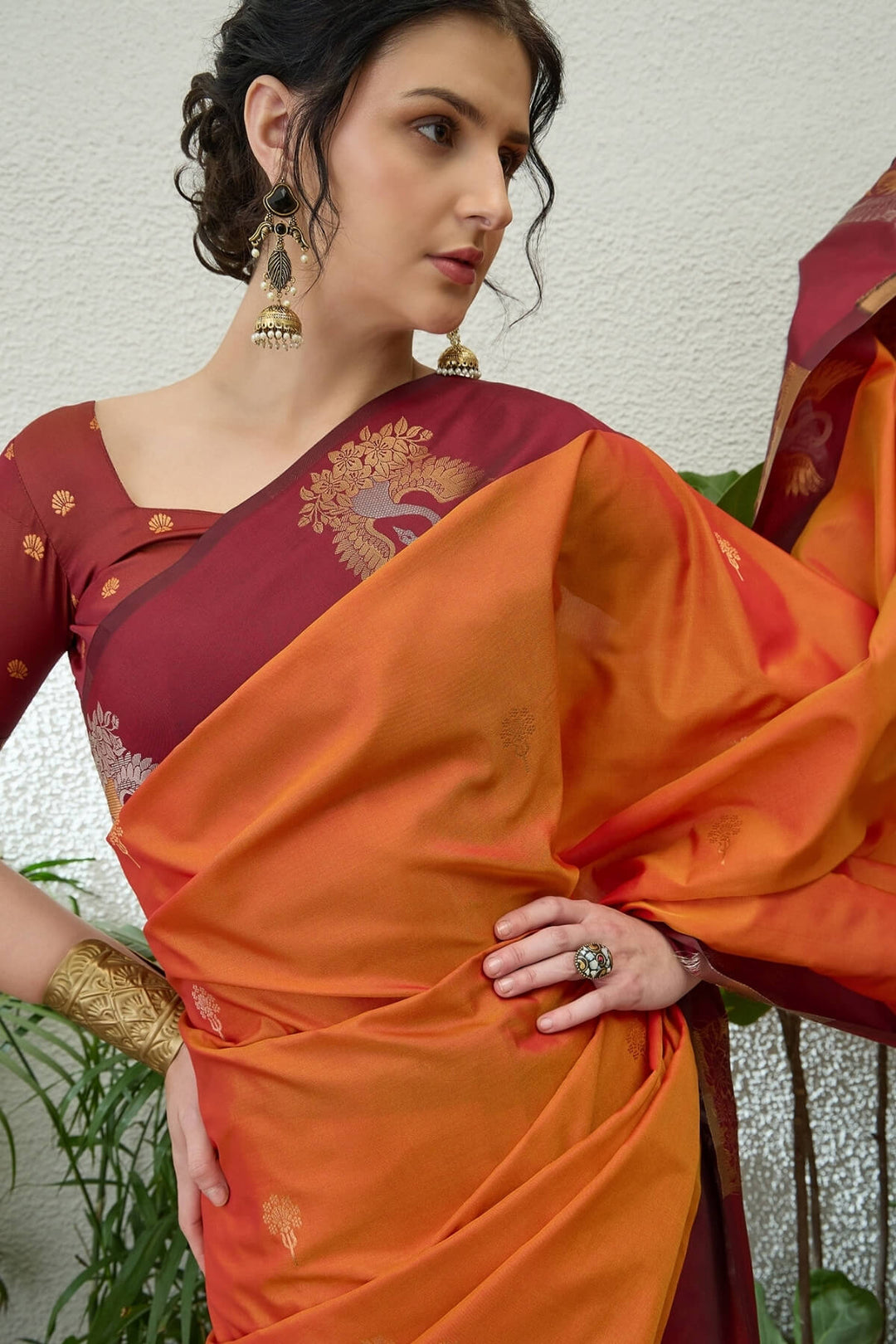 Fiery Orange Handloom Banarasi Silk Saree