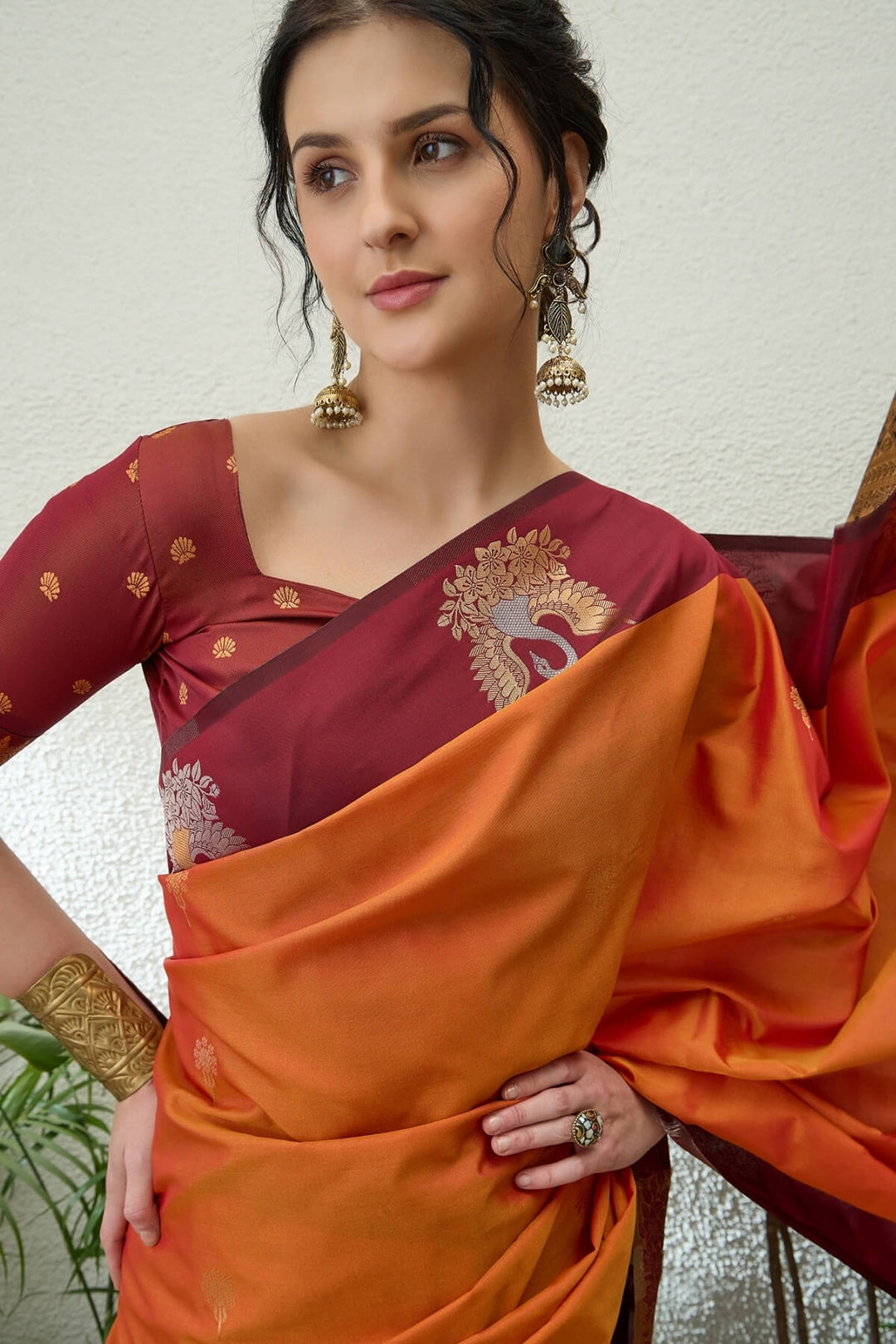 Fiery Orange Handloom Banarasi Silk Saree