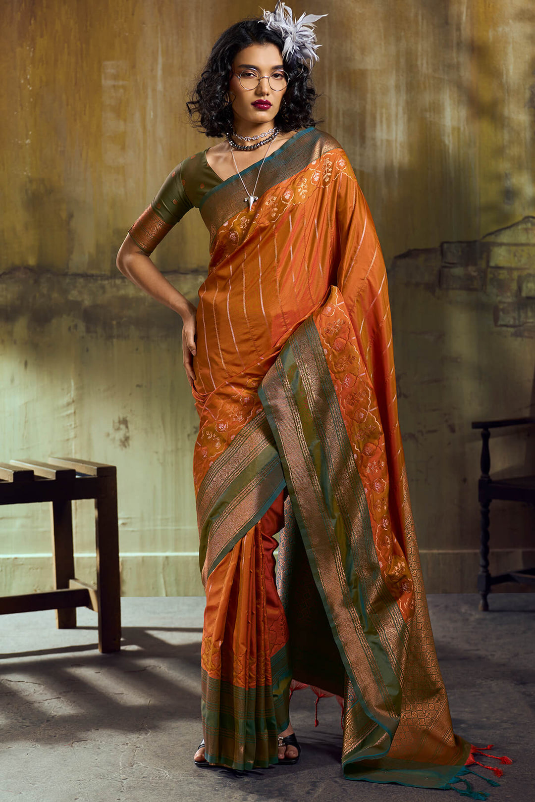 Fiery Orange Soft Pochampally Silk Saree