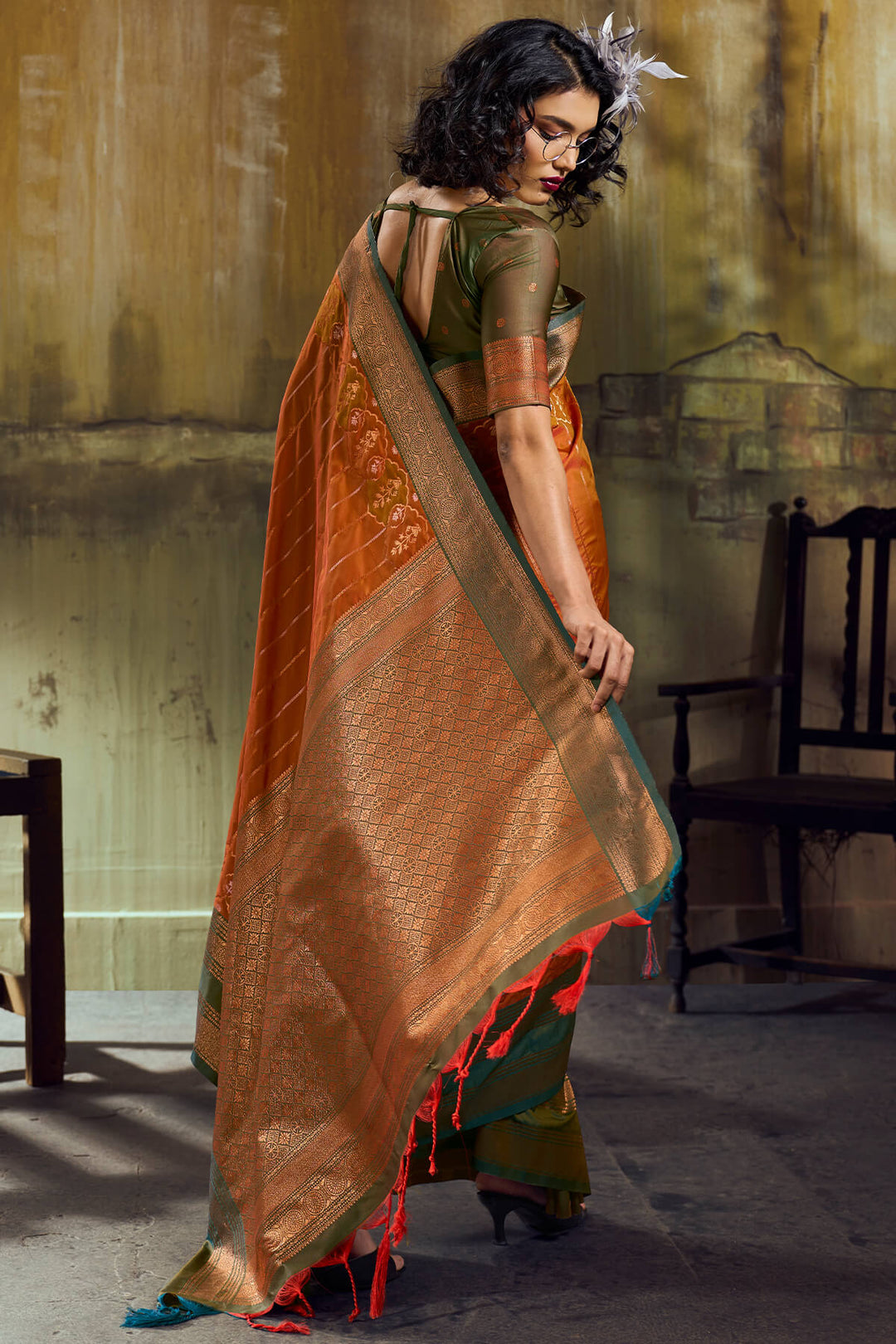 Fiery Orange Soft Pochampally Silk Saree