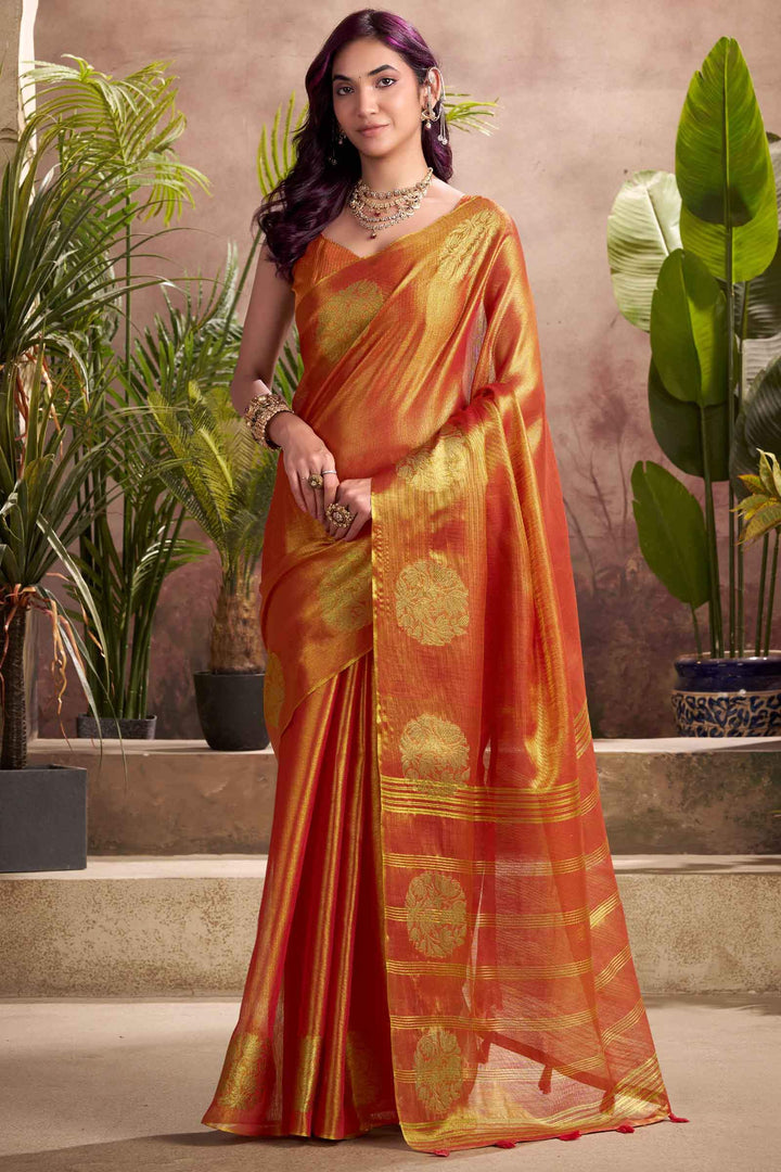 Fiery Orange Tissue Silk Saree