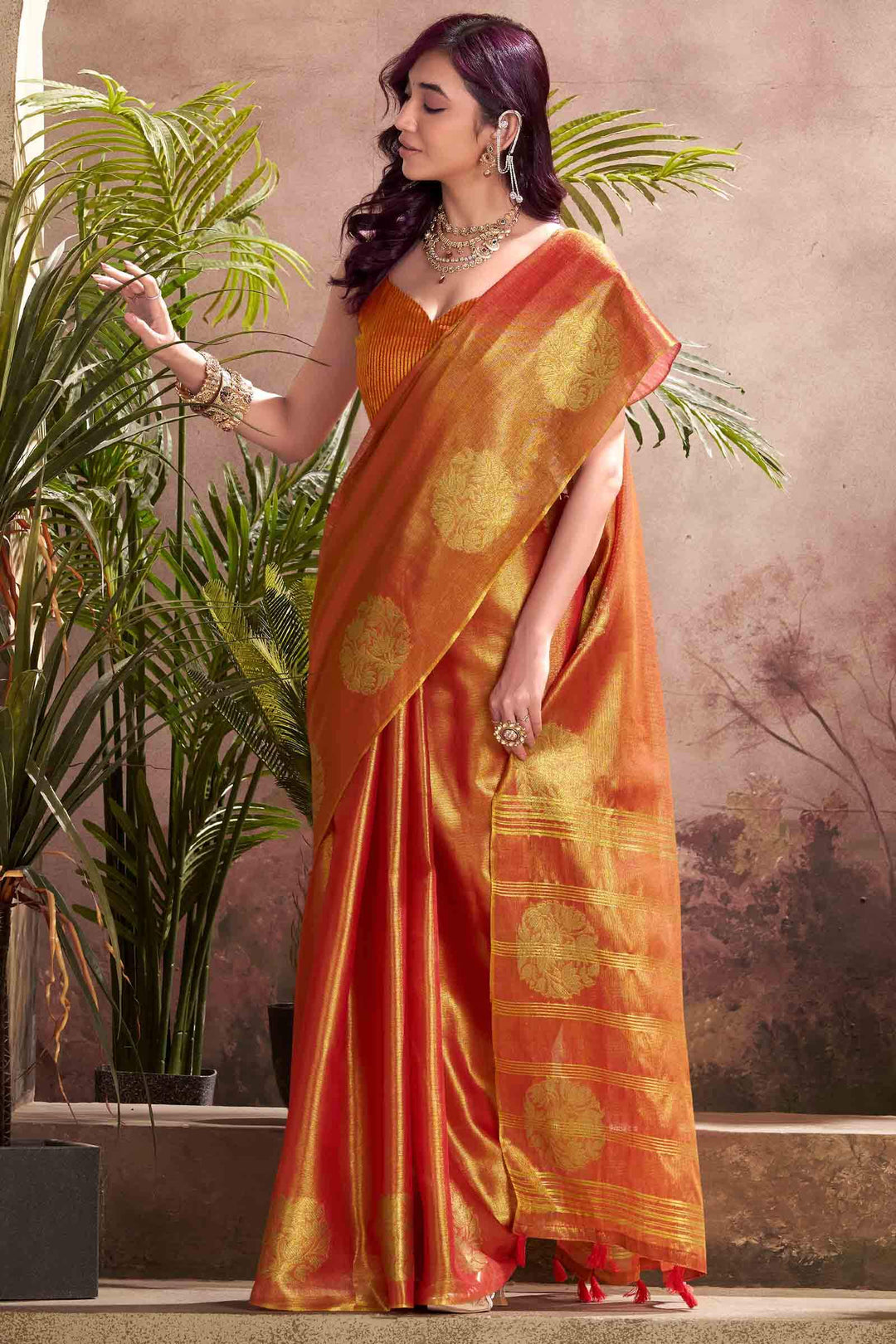 Fiery Orange Tissue Silk Saree