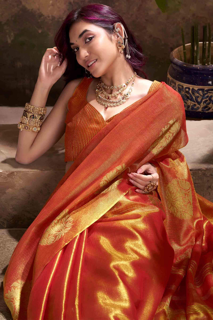 Fiery Orange Tissue Silk Saree