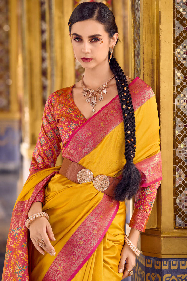Firefly Yellow Zari Woven Soft Silk Saree