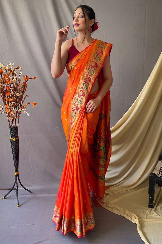 Flame Orange Zari Woven Paithani Silk Saree