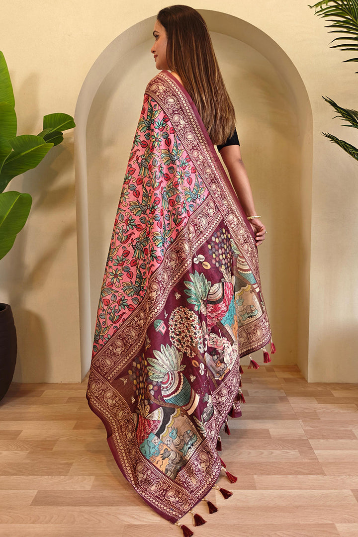 Flamingo Pink Kalamkari Printed Chanderi Cotton Saree