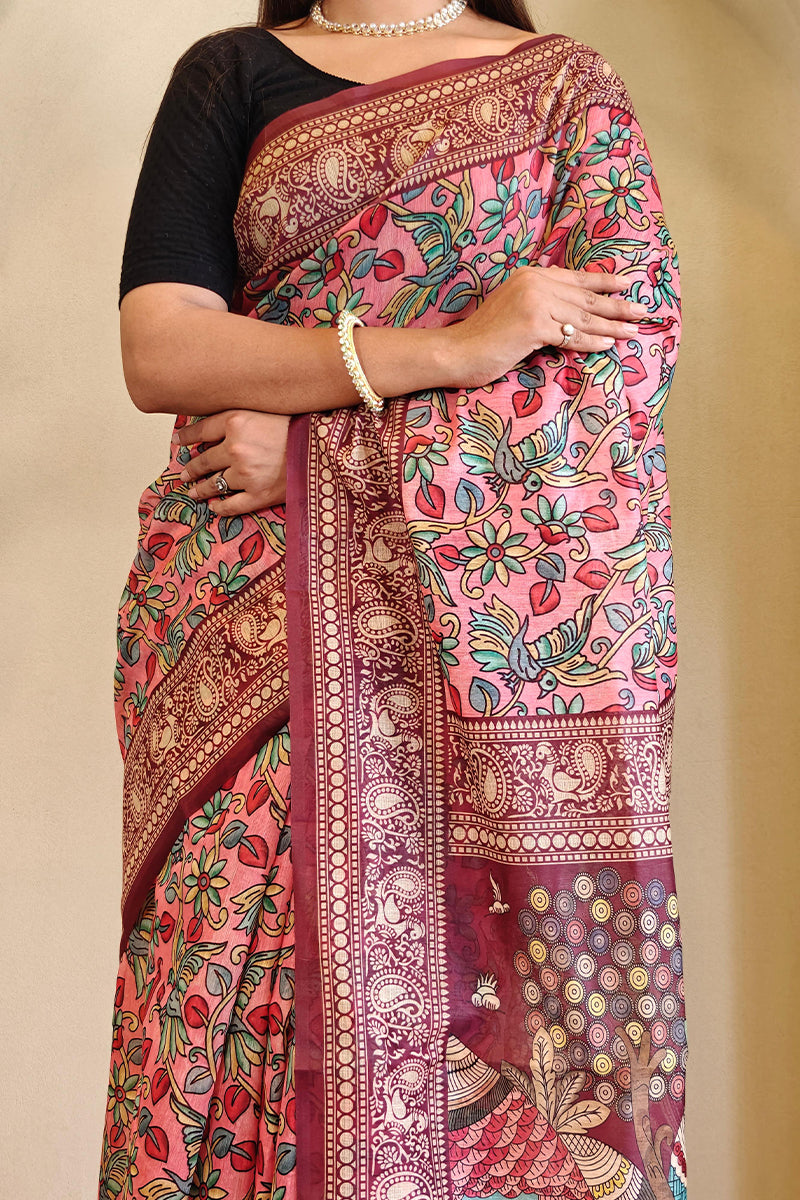 Flamingo Pink Kalamkari Printed Chanderi Cotton Saree