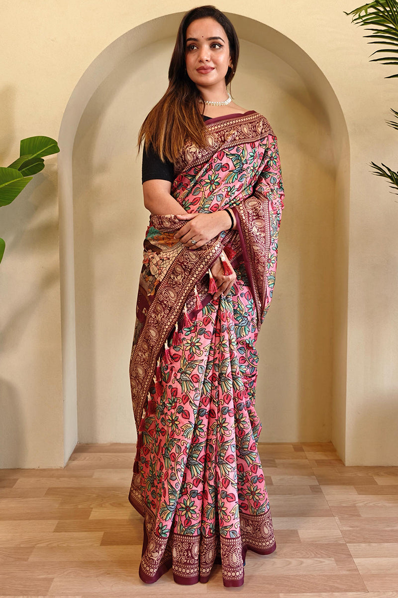 Flamingo Pink Kalamkari Printed Chanderi Cotton Saree