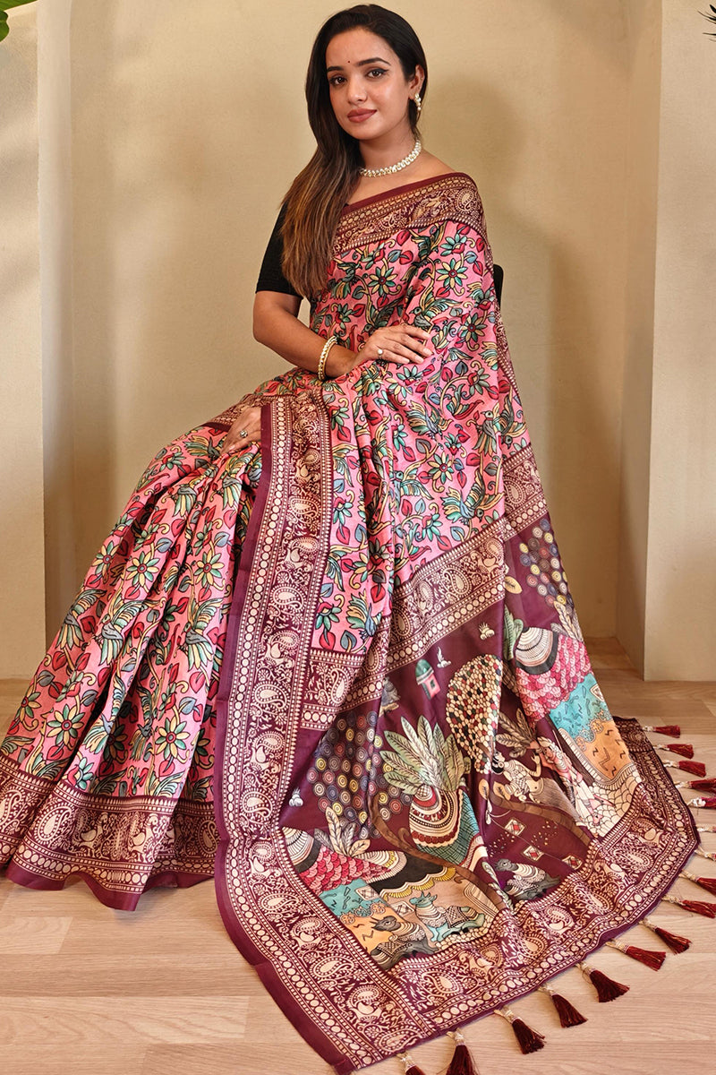 Flamingo Pink Kalamkari Printed Chanderi Cotton Saree