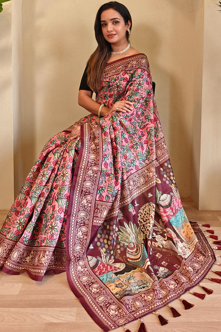 Flamingo Pink Kalamkari Printed Chanderi Cotton Saree