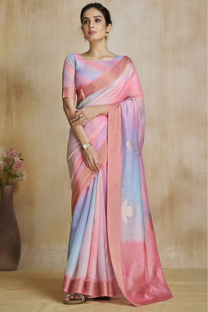 Flamingo Pink Silk Saree with Digital Print