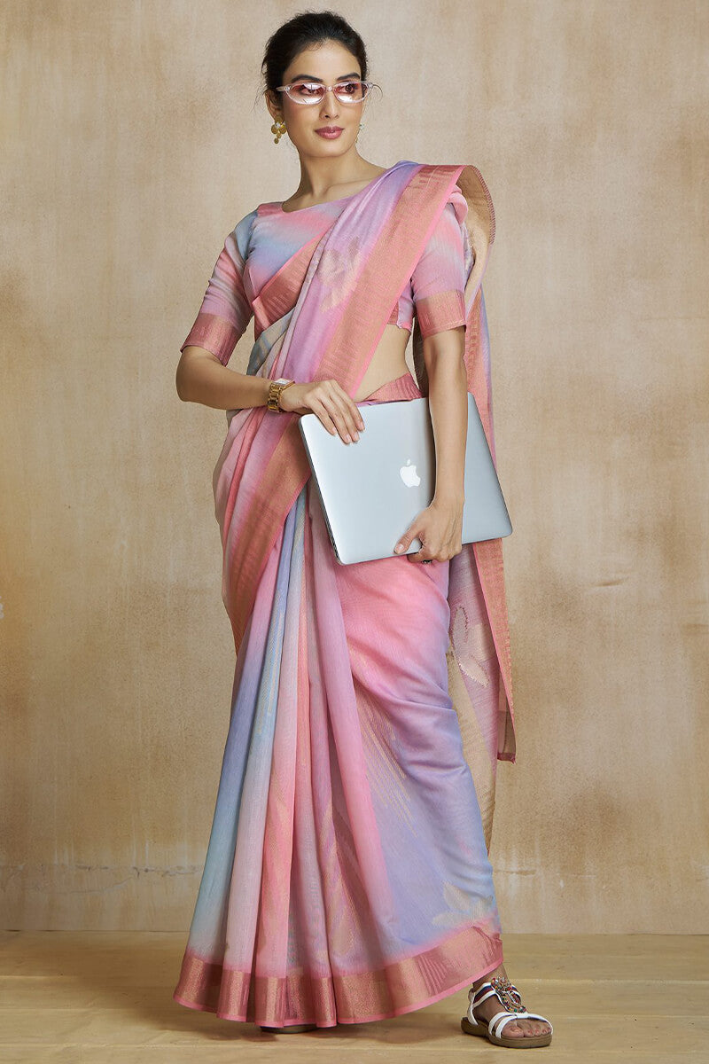 Flamingo Pink Silk Saree with Digital Print