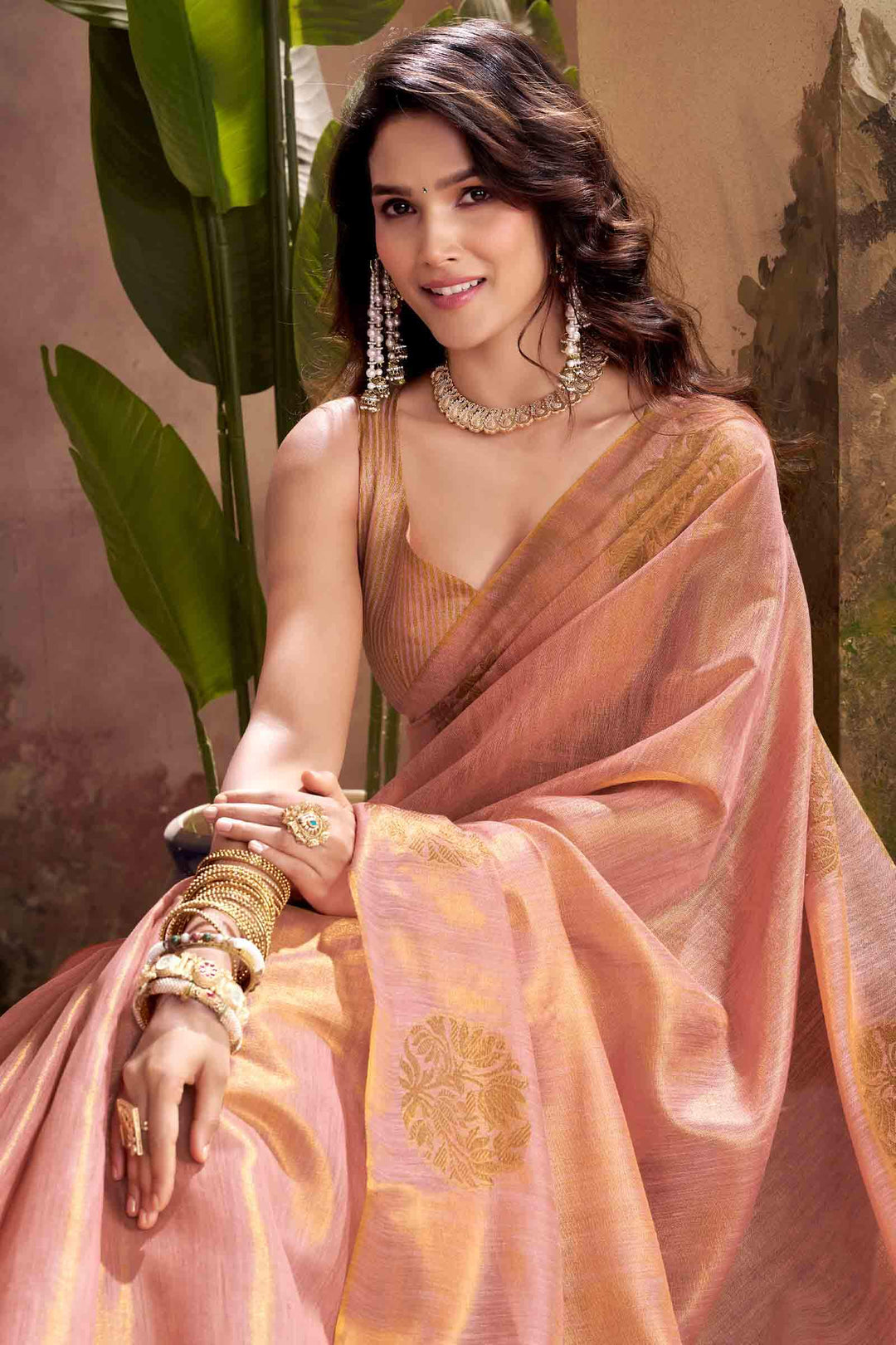 Flamingo Pink Tissue Silk Saree