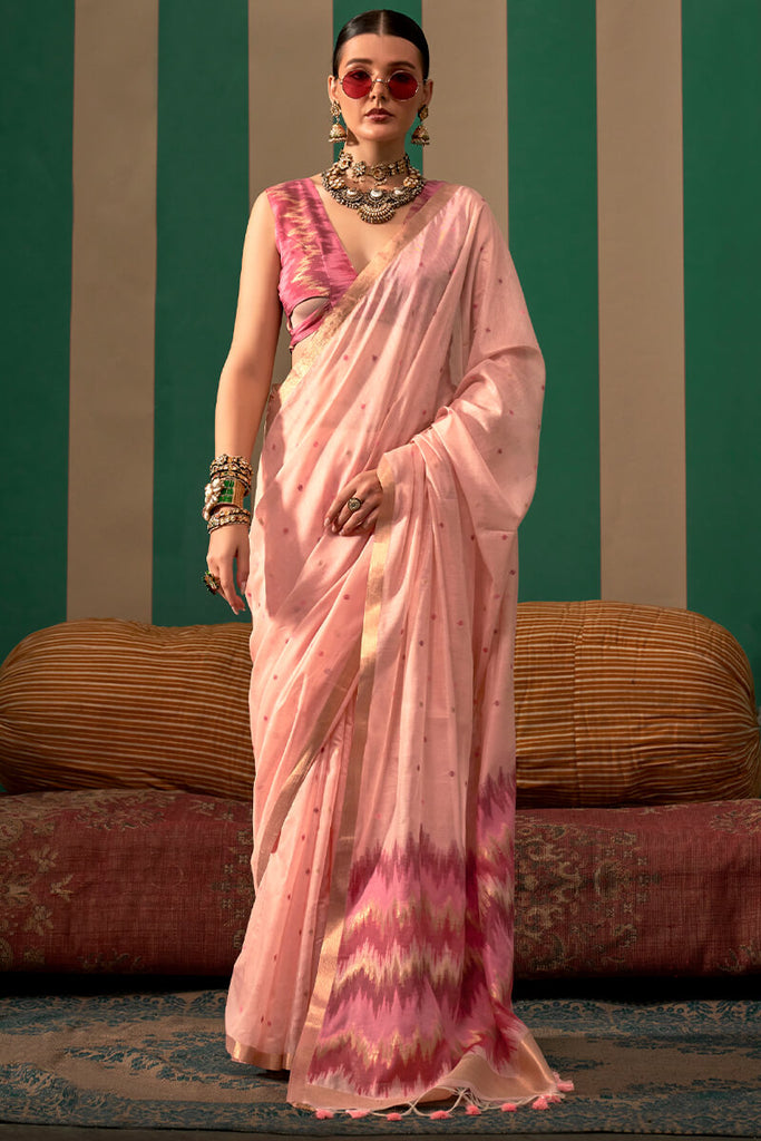 Flamingo Pink Woven Cotton Silk Saree